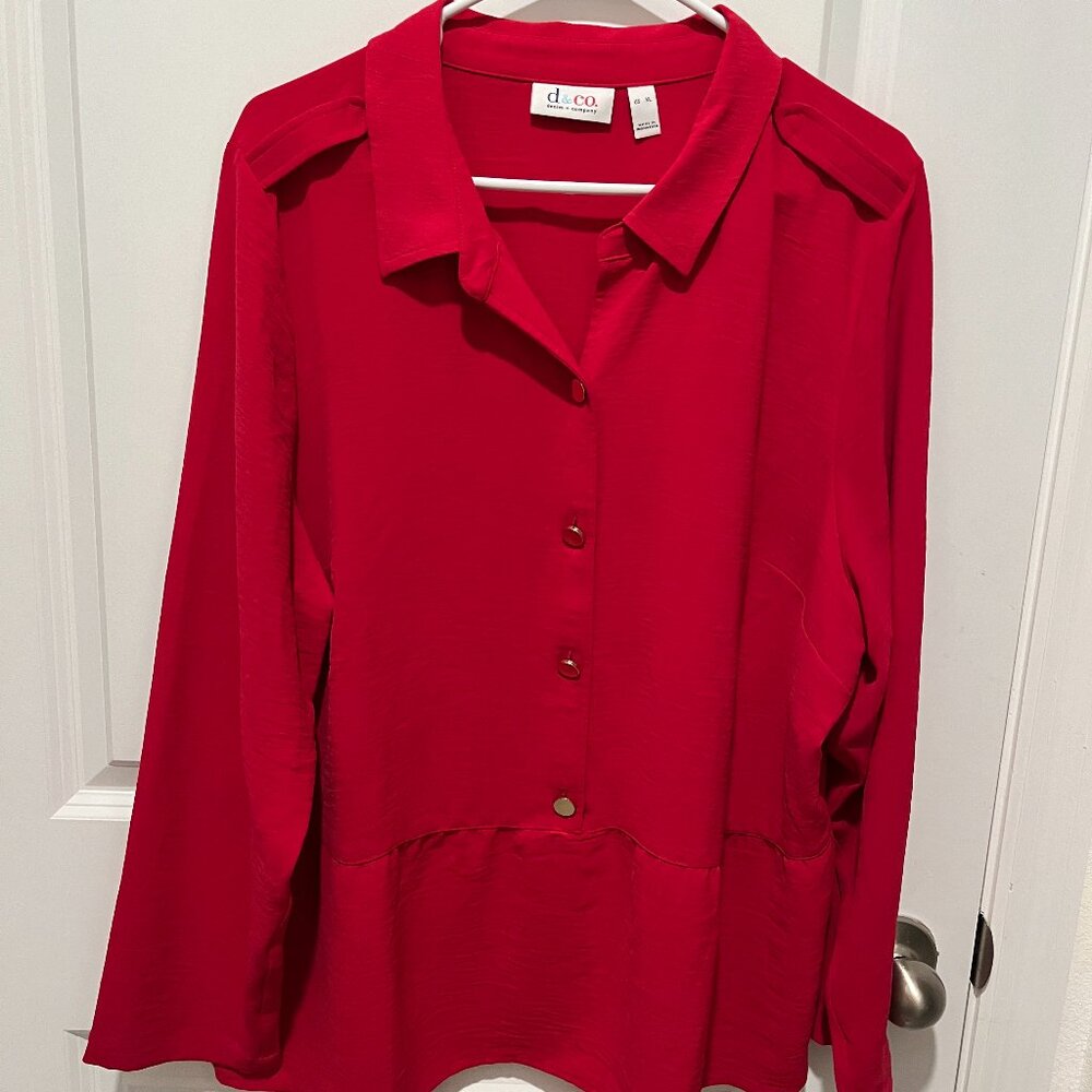 D & Co Long Sleeves Red Woman's Shirred Waist Blouse Ruffles Bottom Size XL